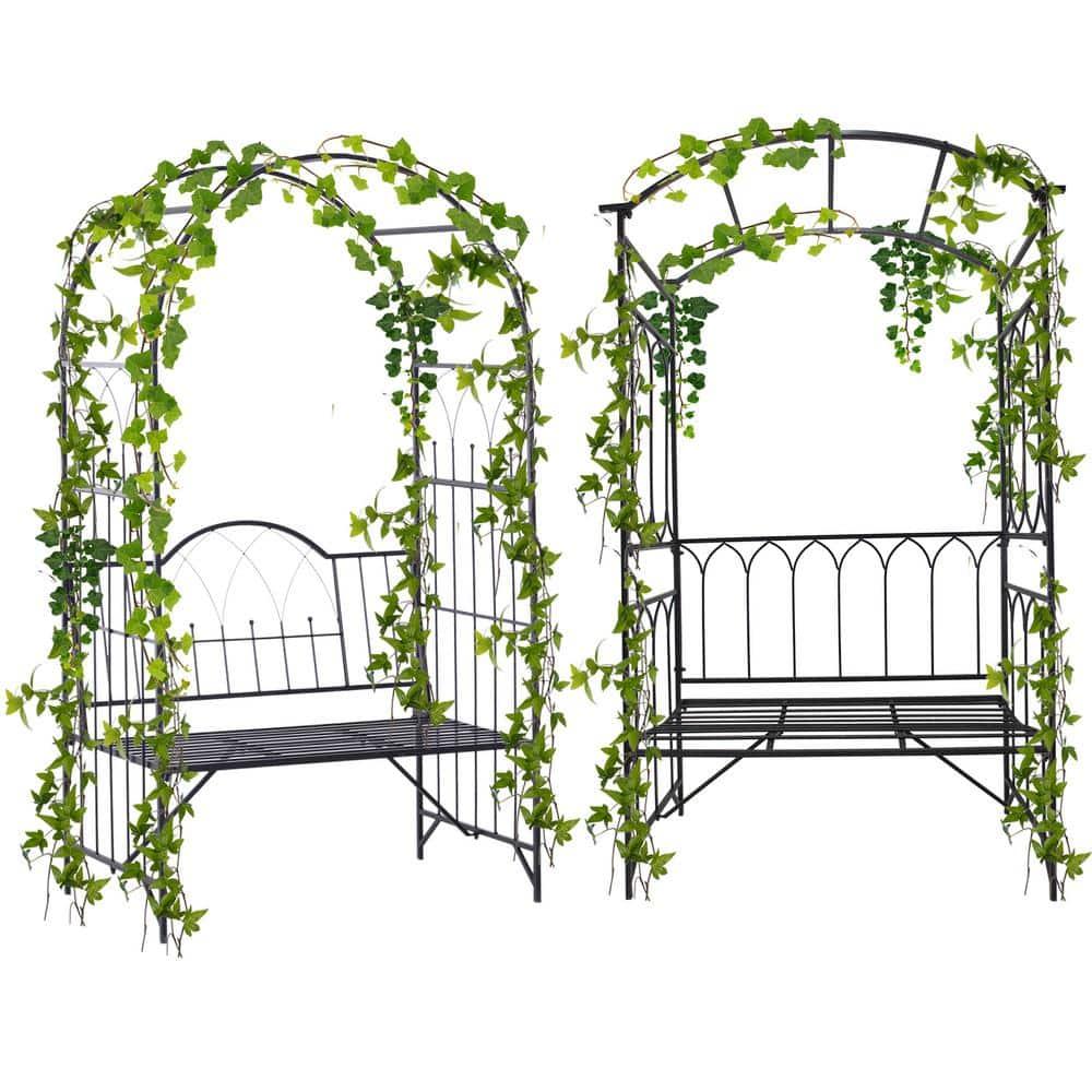 Outsunny Metal Trellis Arbor Arch for Climbing Plants with Garden Bench, Grow Grapes & Vines, Decorative Seating, 484 lbs. Weight Capacity, Black