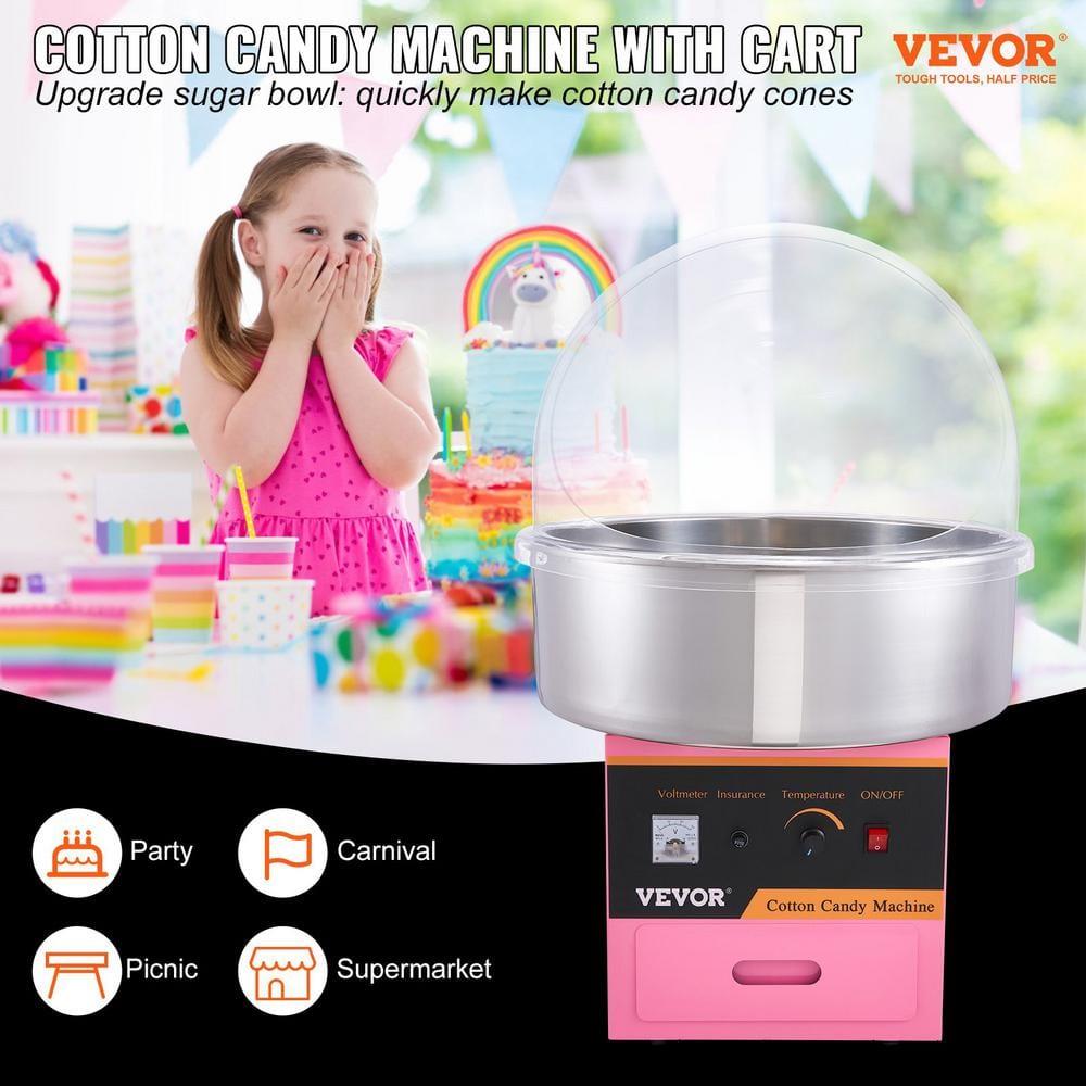 VEVOR Electric Cotton Candy Machine Cart, 1000W Commercial Floss Maker w/Stainless Steel Bowl, Sugar Scoop and Drawer, Perfect for Home, Carnival, Kids Birthday, Family Party, Pink