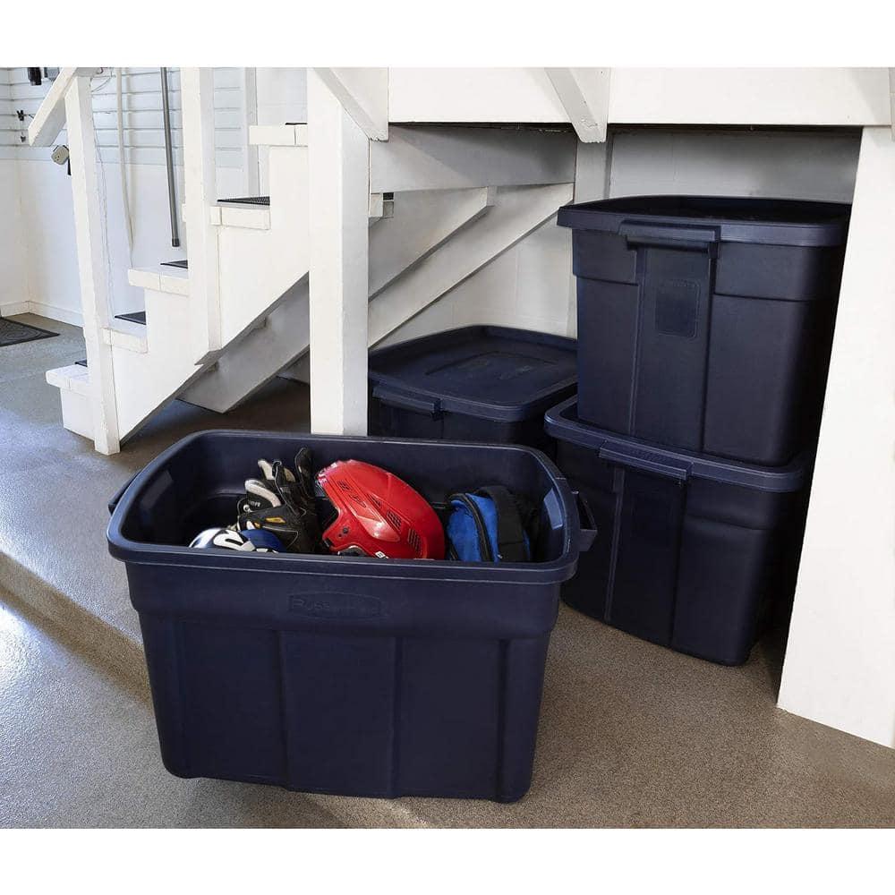 Rubbermaid Roughneck 25 Gallon Rugged Stackable Storage Container with Tight Lid for Indoor or Outdoor Home Organization, Dark Indigo Metallic, 4 Pack