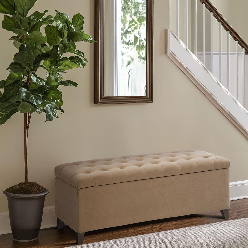 Shandra Bench Storage Ottoman with Tufted Top - Sand: Upholstered Bedroom Ottoman, Wood Legs, No Assembly Required