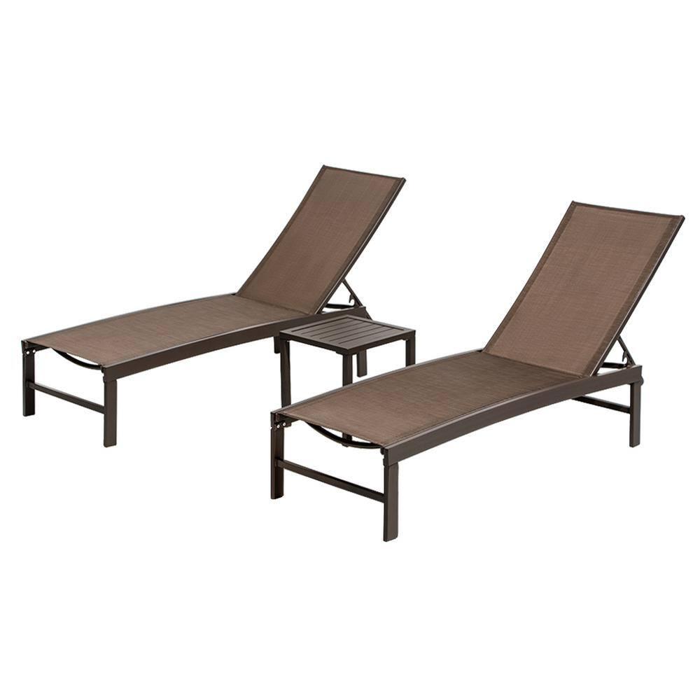 3pc Outdoor Five Position Adjustable Curved Aluminum Lounge Set Brown - Crestlive Products: Weather-Resistant Patio Furniture Set with Side Table
