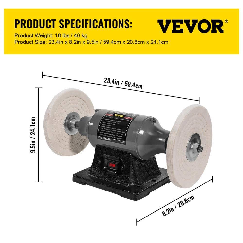 VEVOR Bench Buffer Polisher, 1/2HP Polishing Buffing Machine, 0 to 8000RPM Benchtop Polisher Grinder with 4" Cloth Wheel, 3" Grinding Wheel & 3" Fiber Wheel for Metal, Jewelry, Wood and Plastic