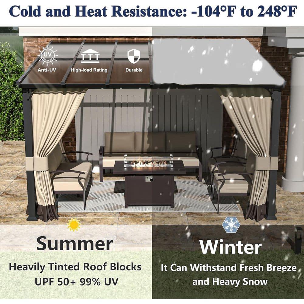 10 ft. x 12 ft. Brown Hardtop Wall Mounted Gazebo with Sloping Pitched Roof and Curtain Sand