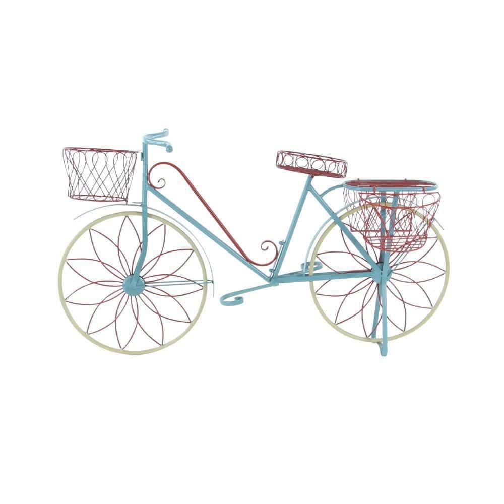 DecMode Vintage Turquoise/Red 3 Tier Bicycle Inspired Metal Plantstand, 54"W x 32"H