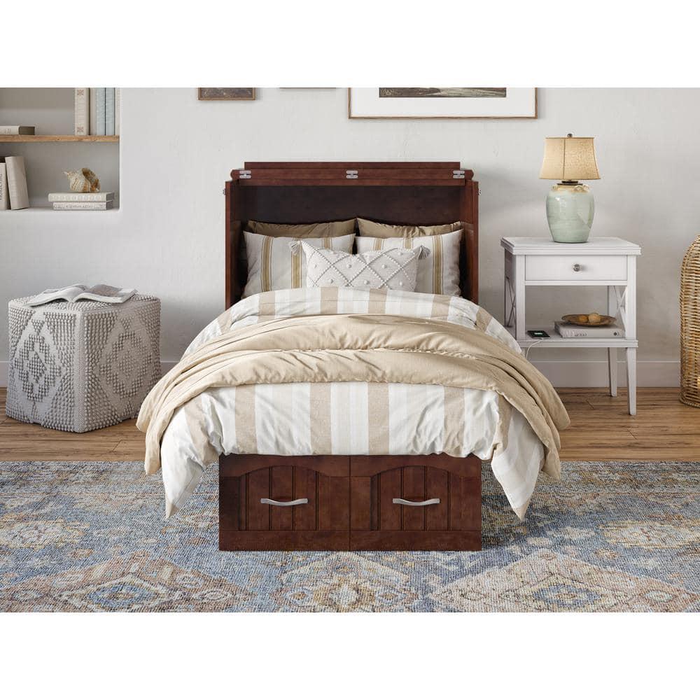 AFI Nantucket Twin Solid Wood Murphy Bed Chest with Mattress, Drawer & Charger, Walnut