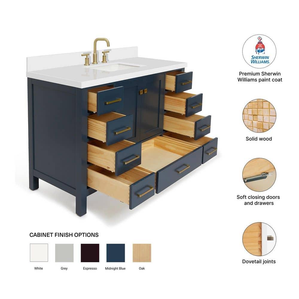 ARIEL 49" Bathroom Vanity with 1.5" Edge Pure White Quartz Countertop & Backsplash, Center Rectangular Sink, 2 Soft Closing Doors, 9 Full Extension Dovetail Drawers, Brushed Nickel - Midnight Blue