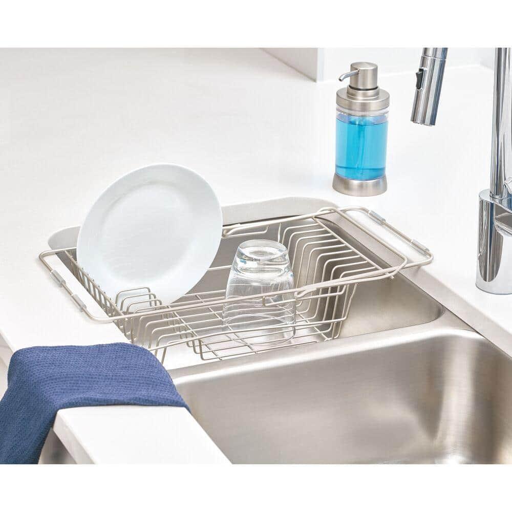 iDESIGN Classico Steel Wire Adjustable Over The Sink/Countertop Dish Drainer Satin: Freestanding Metal Kitchen Rack