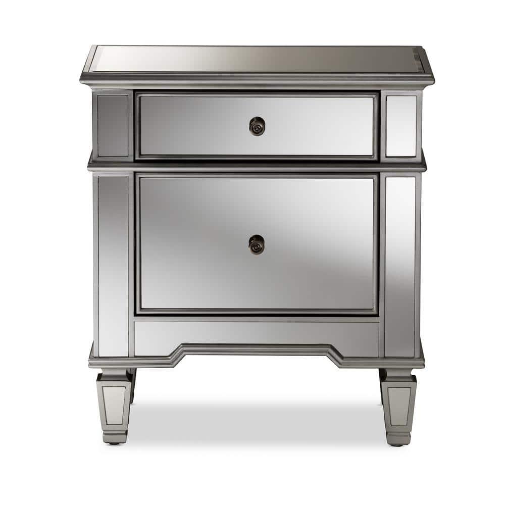 Sussie Hollywood Regency Glamour Style Mirrored 2 - Drawer Nightstand - Baxton Studio: Bronze Hardware, Beveled Top