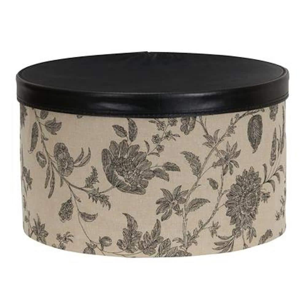 Round Hat Boxes with Lids, Detailed Floral Print with Faux Leather Lids, Large, Medium and Small, Black and Tan