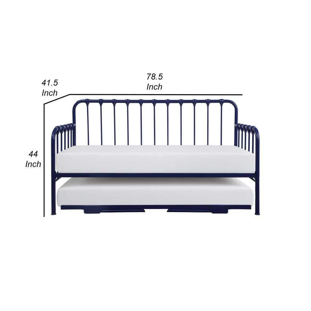 Benjara Ziva Daybed with Lift Up Trundle, Navy Blue Metal Frame, Folding Legs