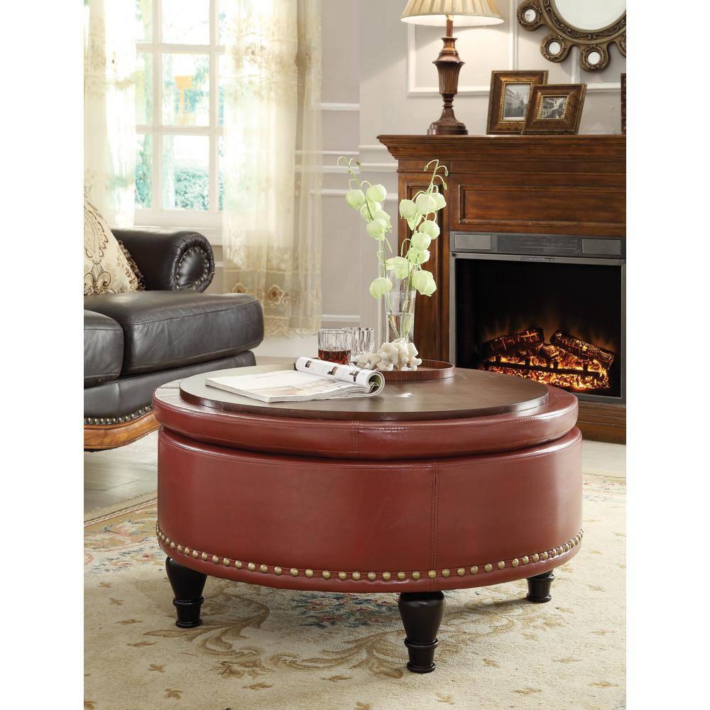 OSP Home Furnishings Augusta Round Storage Ottoman in Crimson Red Bonded Leather with Decorative Nailheads