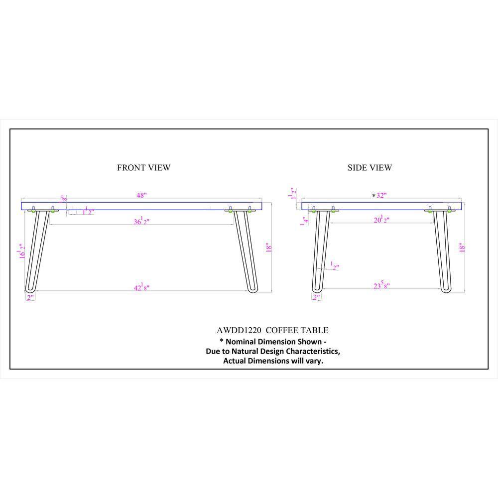 Alaterre Furniture 48" Hairpin Natural Brown Live Edge Large Coffee Table: Acacia Wood, Nylon Floor Protectors