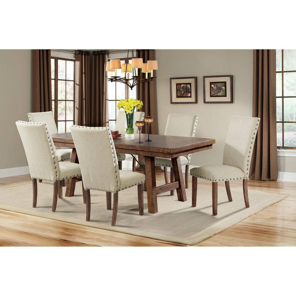 Dex 7pc Extendable Dining Table Set and 6 Upholster Side Chairs Walnut Brown/Cream - Picket House Furnishings: Smokey Finish, Flared Legs