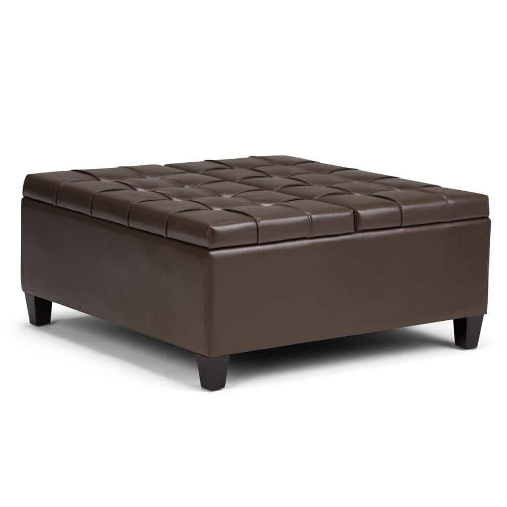 Simpli Home Harrison 36"W Upholstered Square Coffee Table Storage Ottoman with Split Lift Top