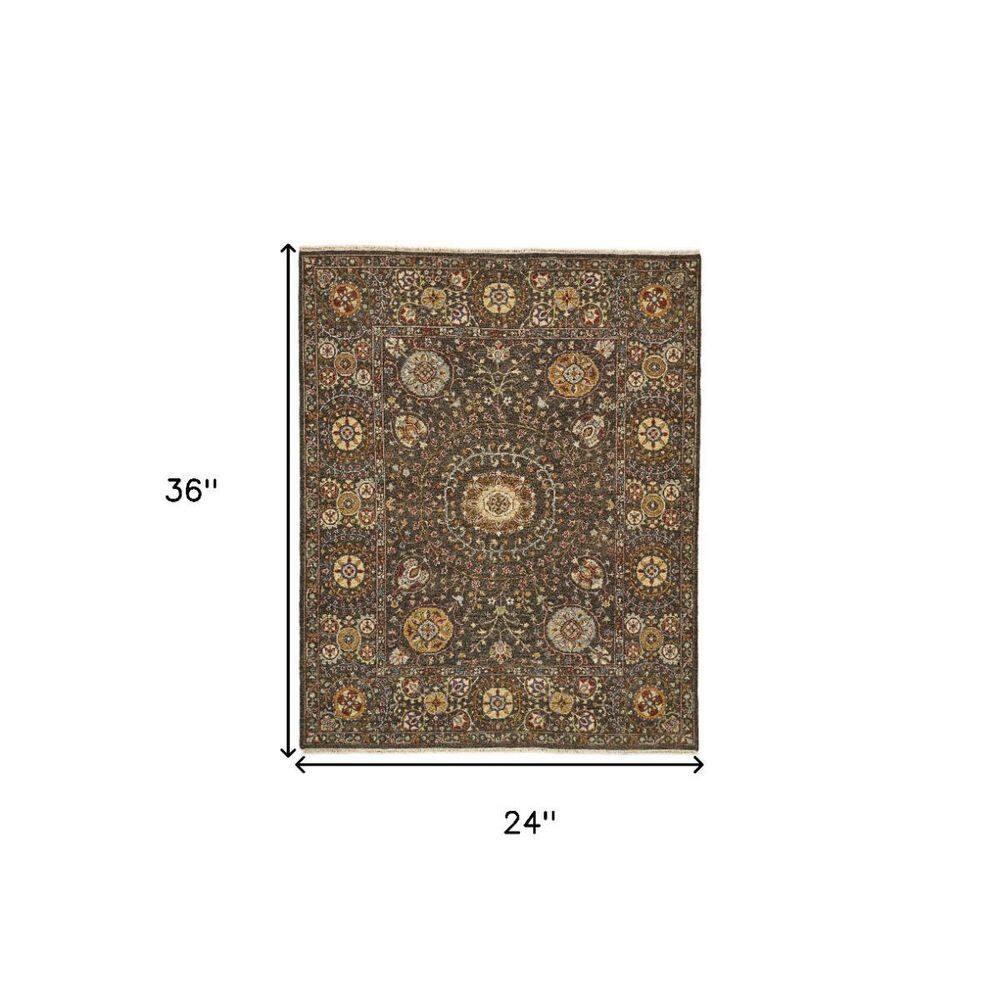 2' X 3' Brown and Gold Wool Geometric Hand Knotted Area Rug