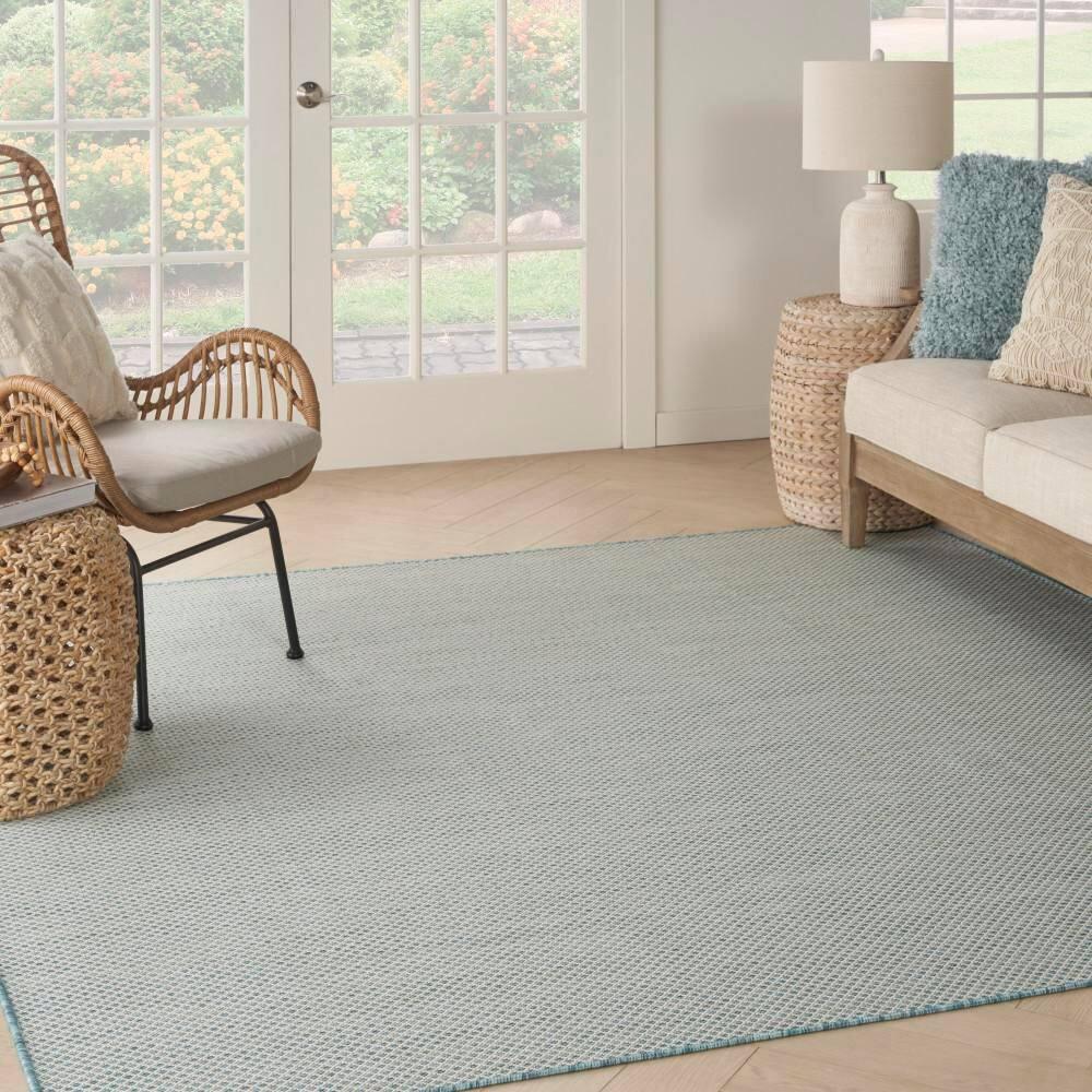 Nourison 6' x 6' Courtyard Modern Easy Care Flatweave Indoor Outdoor Square Rug Ivory/Aqua