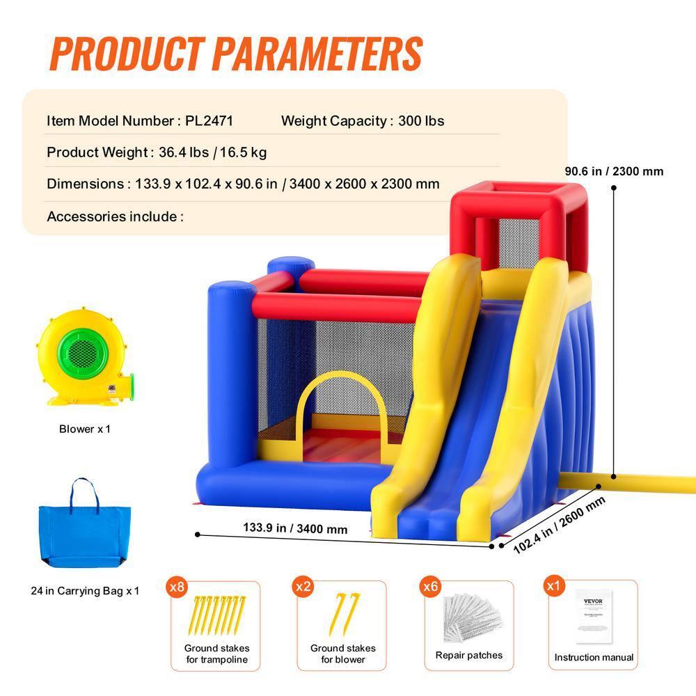 VEVOR Play House for Kids Ages 4-8, Kids Indoor Playground, Bounce House with Slide, Blower and Storage Bag, Family Backyard Birthday Party Gifts for Boys, 134x102x91 inch