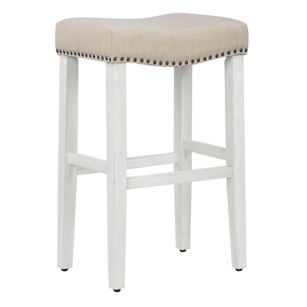 29" Upholstered Nail Head Counter Stool, Antique White/Beige