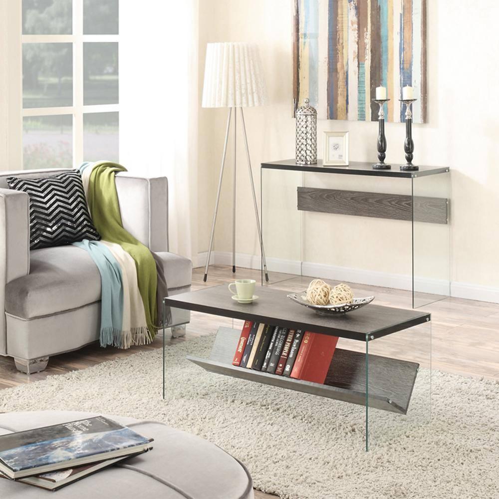 Convenience Concepts SoHo Glass Coffee Table with Shelf, Weathered Gray/Glass