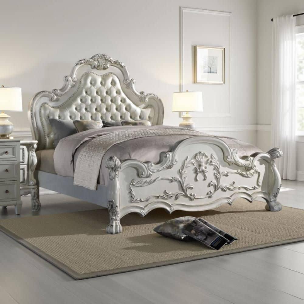 Benjara Ally Bed, Classical White Faux Leather Victorian Carved Wood