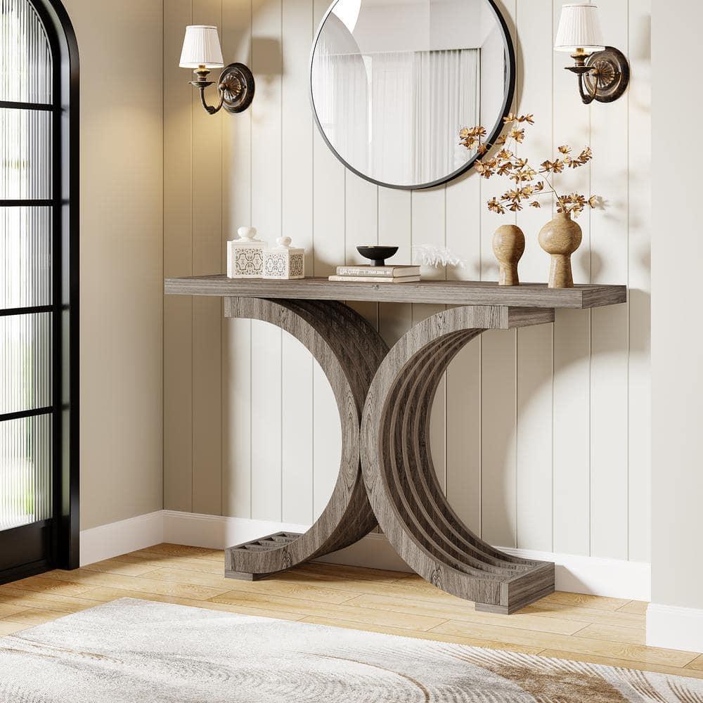 Tribesigns Modern 39-inch Console Tables, Farmhouse Entryway Table with Geometric Base, Wooden Narrow Hallway Table/Sofa Table for Living Room, Grey