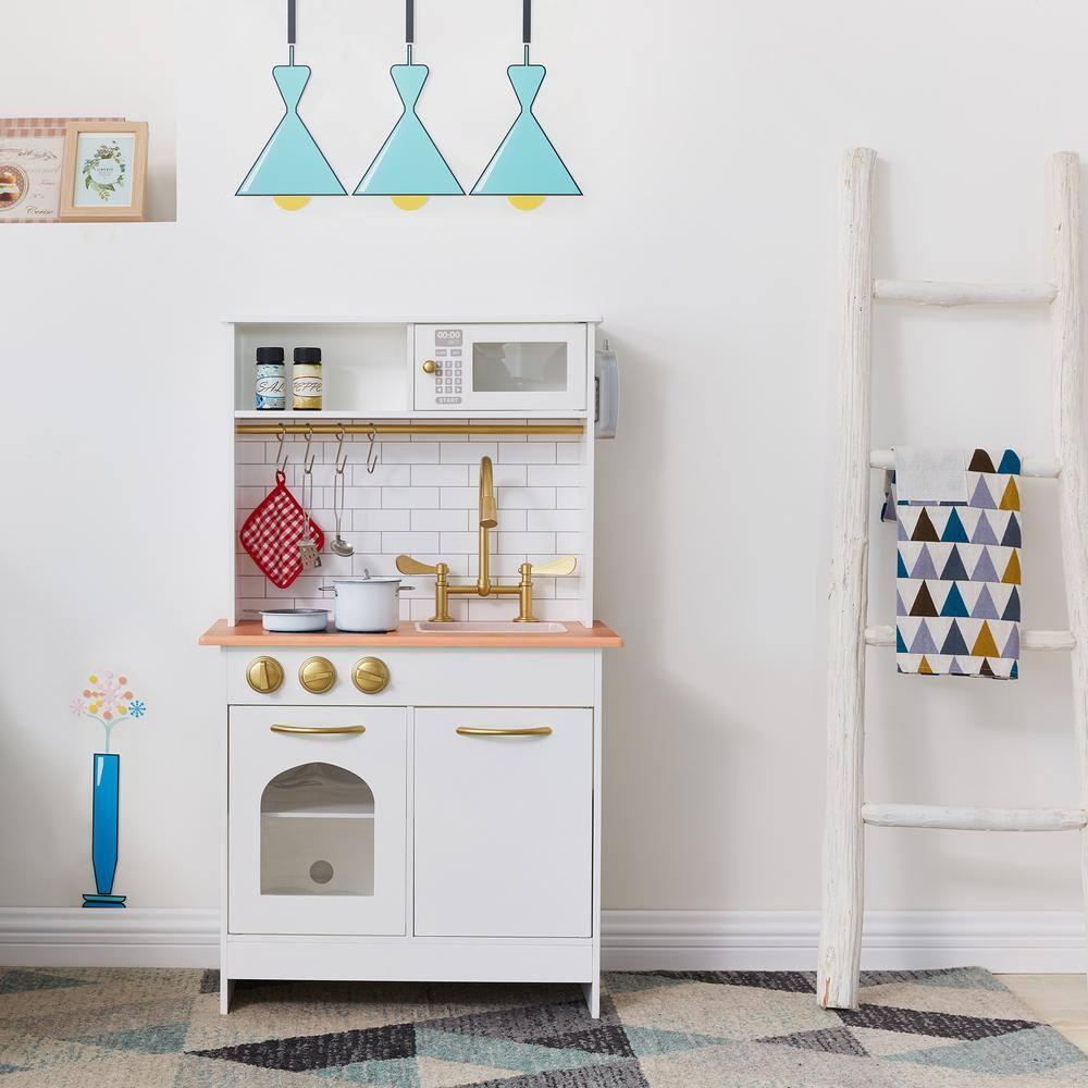 Teamson Kids Little Chef Boston Wooden Pretend Play Kitchen Set with Oven, Microwave and Acessory Set