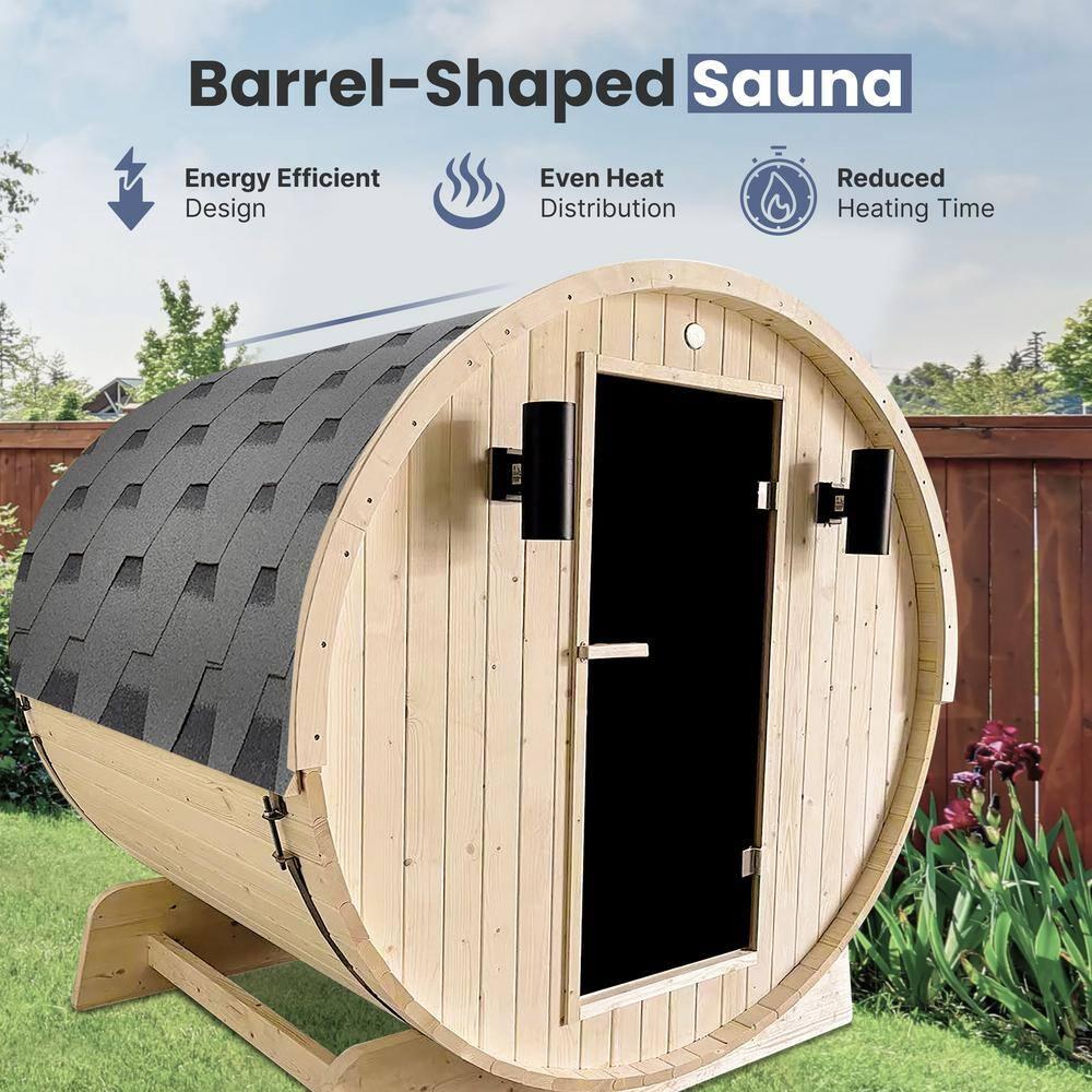 ALEKO Outdoor and Indoor White Pine Barrel Sauna - 3-4 Person - 4.5 kW UL Certified Heater - Bitumen Shingle Roofing