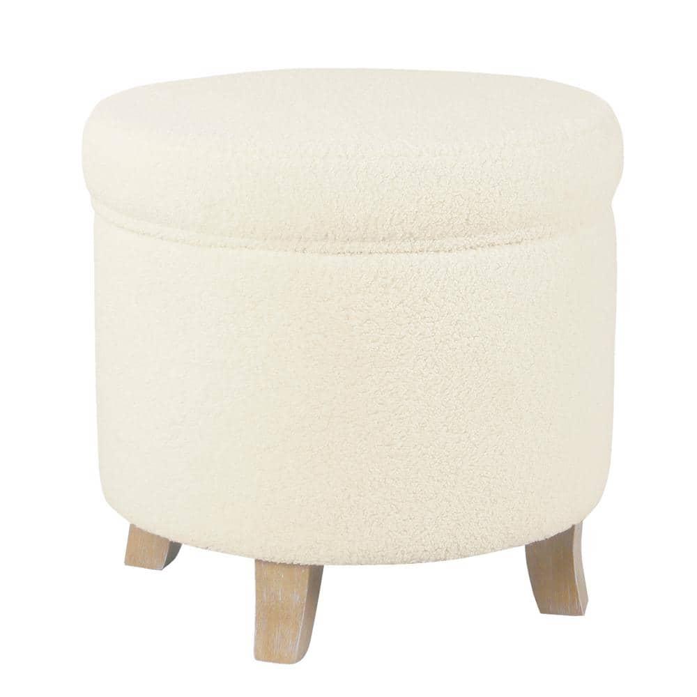 Cole Classics Round Storage Ottoman Flared Wood Leg Faux Sheepskin Cream - HomePop