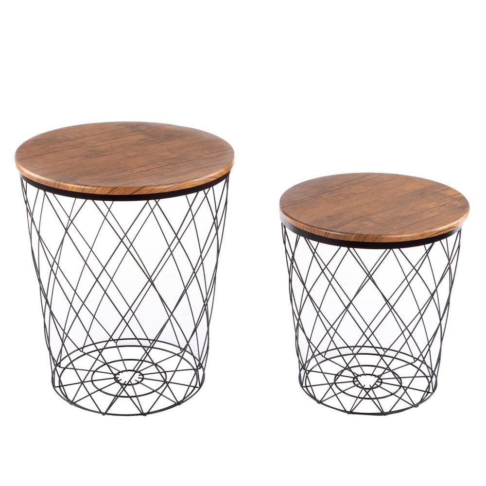 Lavish Home End Table with Storage – Set of 2 Round Nesting Tables with Diamond Pattern Wire Basket Wood Tops, Industrial Farmhouse Side Table