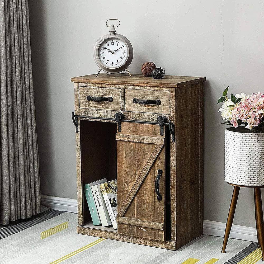 Parisloftinc Rustic Wood End Table with Sliding Barn Door Brown