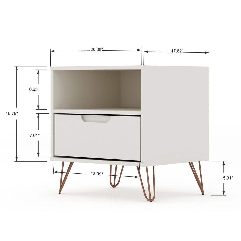 Set of 2 Rockefeller 1 Drawer Nightstands Off White - Manhattan Comfort: Mid-century Design, Metal Legs, Concealed Storage