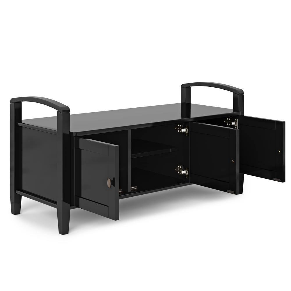 Simpli Home Warm Shaker 44"W Solid Wood Entryway Storage Bench with 3 Cabinets, Shaker-Style Doors and Interior Shelves