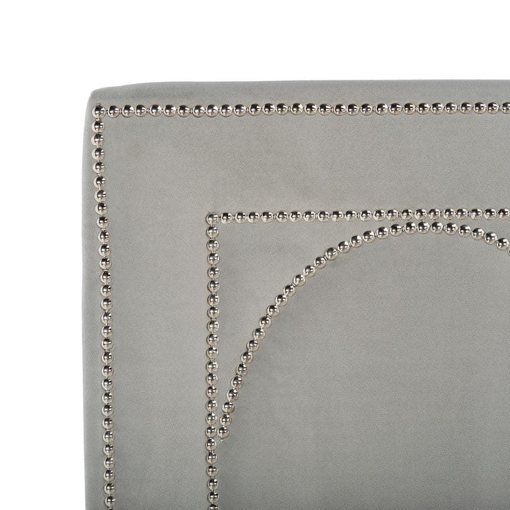SAFAVIEH Solania Glam Upholstered Bed Frame with Nail Head, Queen, Pewter