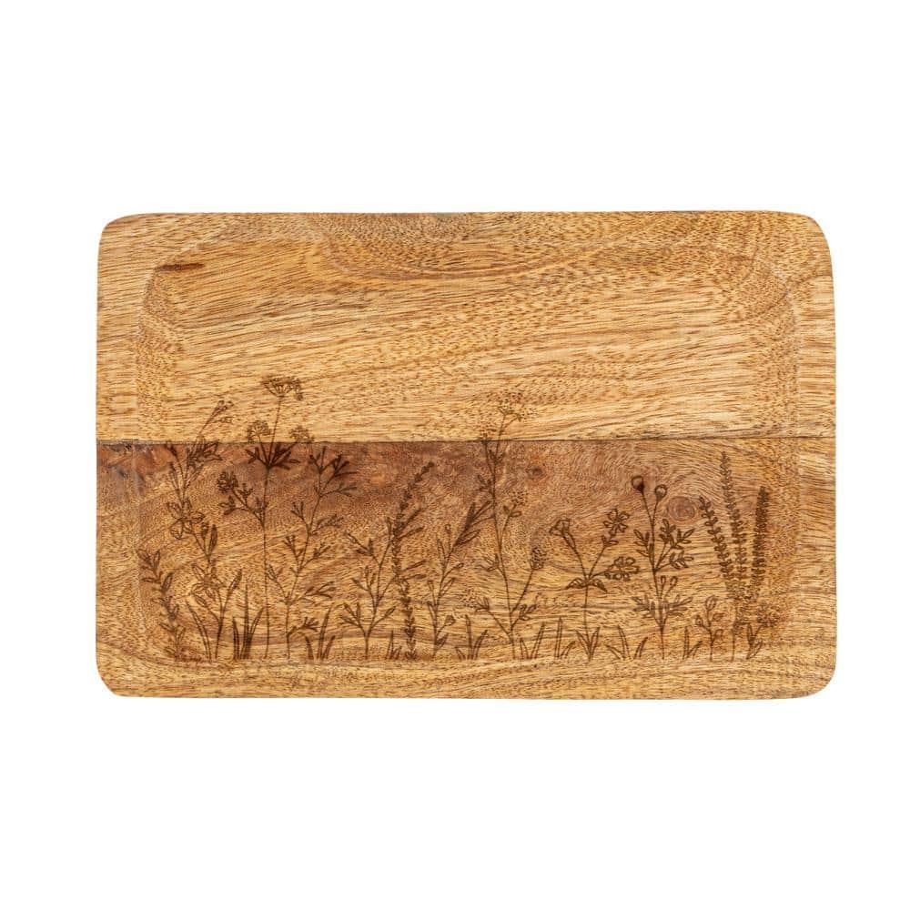 Creative Co-Op 11.75 Inches Mango Wood Laser Etched Botanicals, Natural Tray