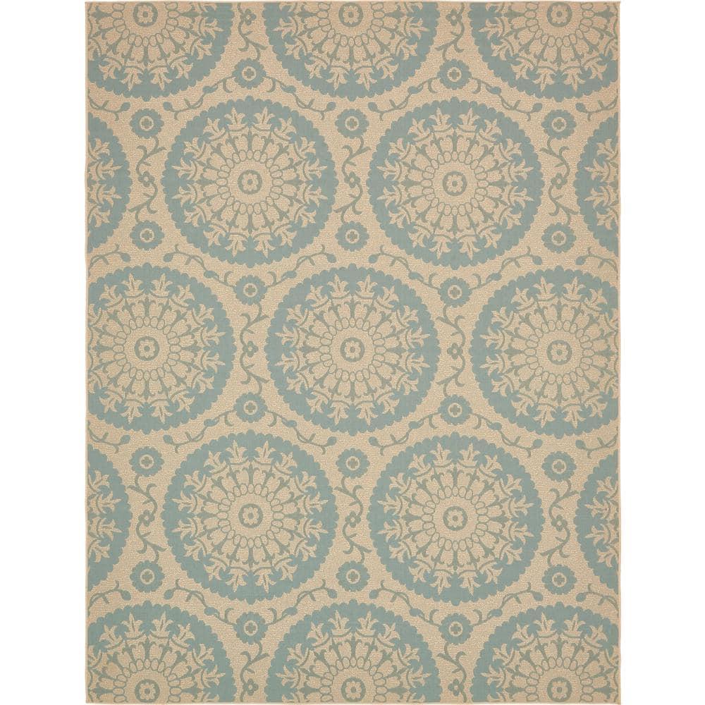 Unique Loom Outdoor Botanical Collection Area Rug - Medallion (9'  x 12' 2" Rectangle Aqua/Beige)