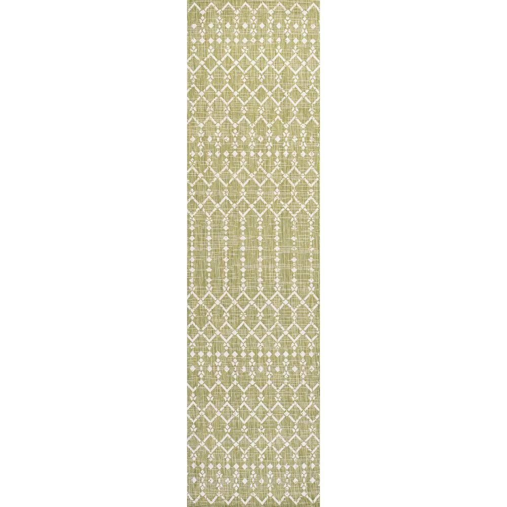 2' x 10' Ourika Moroccan Geometric Textured Weave Indoor/Outdoor Runner Rug, Light Green/Cream - JONATHAN Y