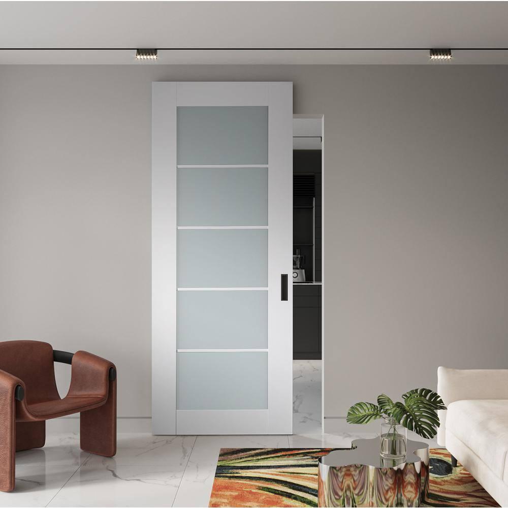 Belldinni Smart Pro 5 Lite Polar White Paneled Manufactured Wood And Frosted Glass Solid Core Interior Sliding Hidden Barn Door With Base Board With Installation Hardware Kit