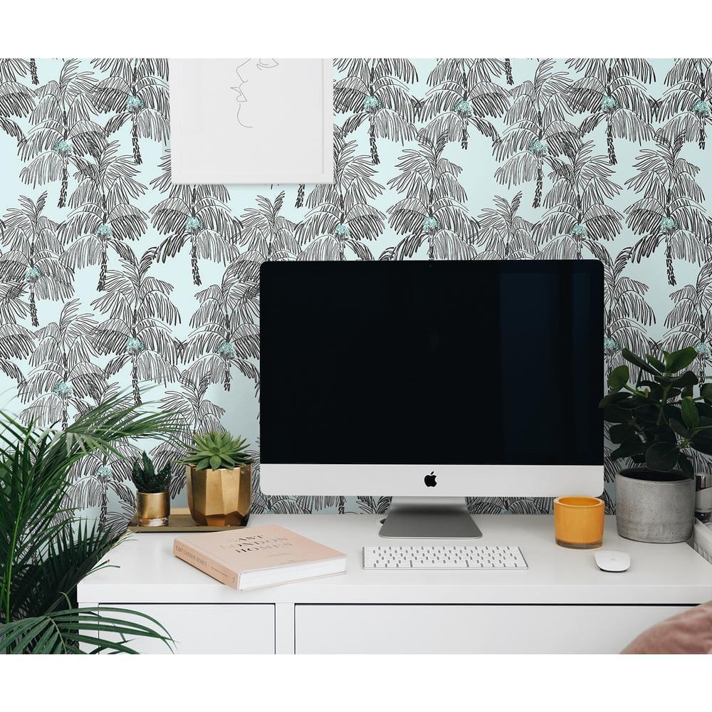 NextWall  Palm Beach Peel and Stick Wallpaper Sky Blue & Black