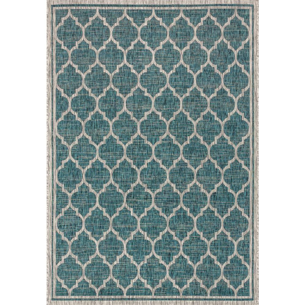 8'x10' Trebol Moroccan Trellis Textured Weave Indoor/Outdoor Area Rug, Teal/Gray - JONATHAN Y