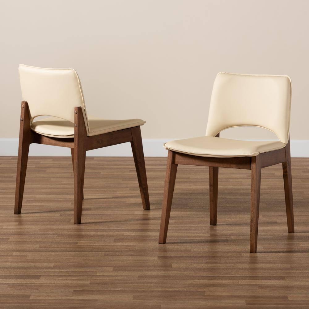 2pc Afton Faux Leather Upholstered and Wood Dining Chair Set Beige/Walnut Brown - Baxton Studio