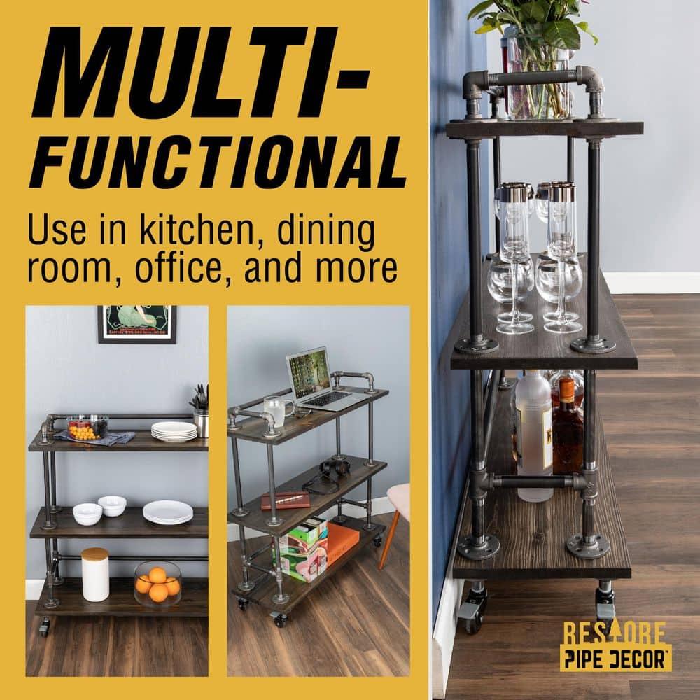 PIPE DECOR Restore by Industrial 3 Tier Solid Wood & Steel Pipe Bar Cart with Wheels Boulder Black