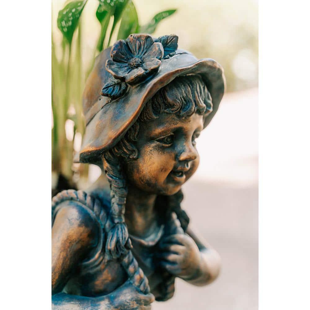 24in.H Faux Bronze Magnesium Oxide Walking Girl Garden Statue w/Small Flower PlantPot, Outdoor, Natural Design Sculpture