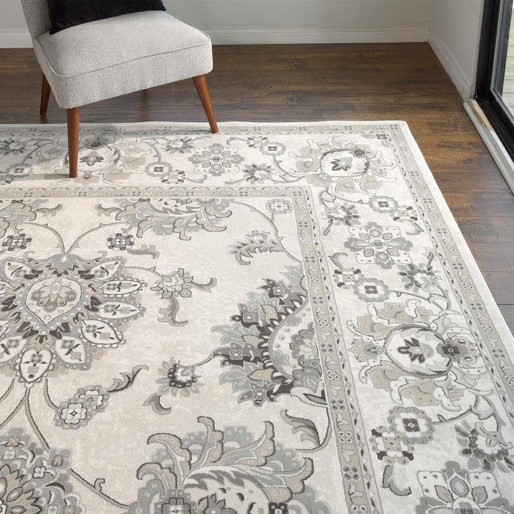 Majestic Moena Ivory/Gray Traditional Oriental Floral Border Area Rug