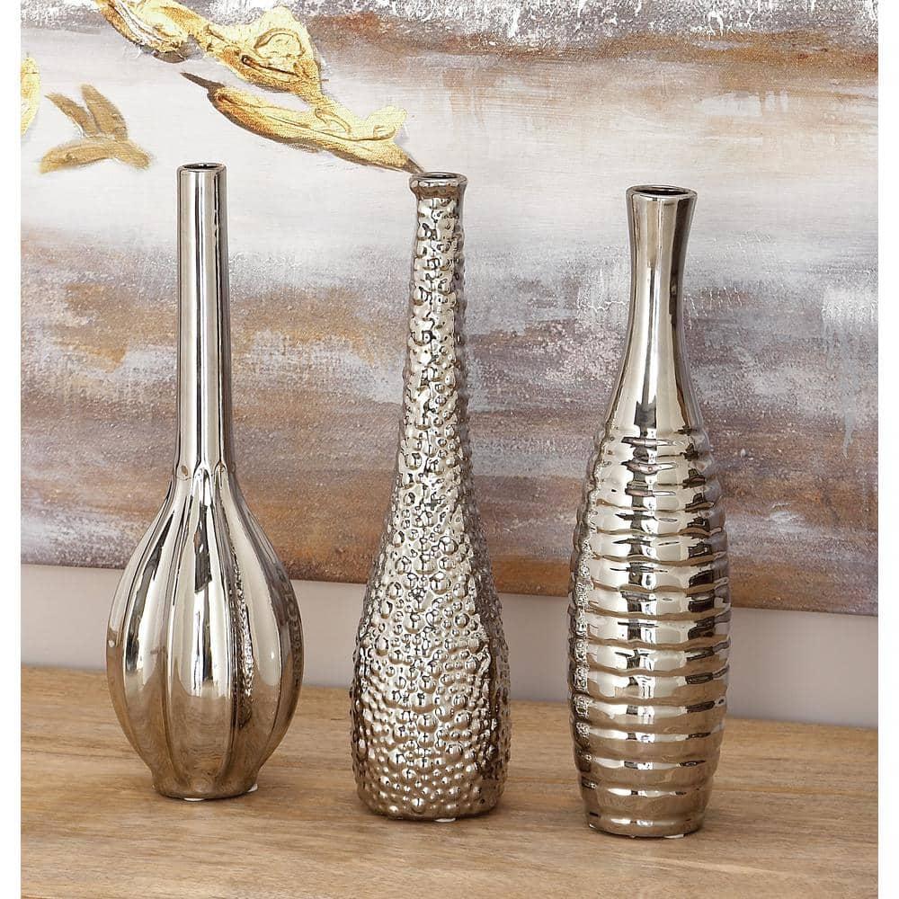 CosmoLiving by Cosmopolitan Ceramic Slim Textured Bottleneck Decorative Vase with Varying Patterns Set