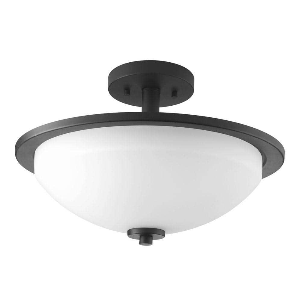 Progress Lighting Replay 2-Light Semi-Flush Ceiling Light, Black Finish, White Glass Shade