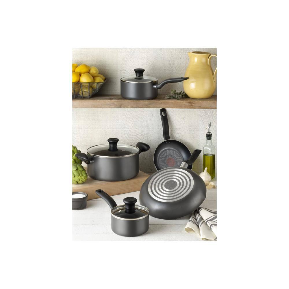 T-fal 10pc Initiatives Nonstick Cookware Set Black: Tempered Glass Lids, Stay-Cool Handles, Dishwasher & Oven Safe