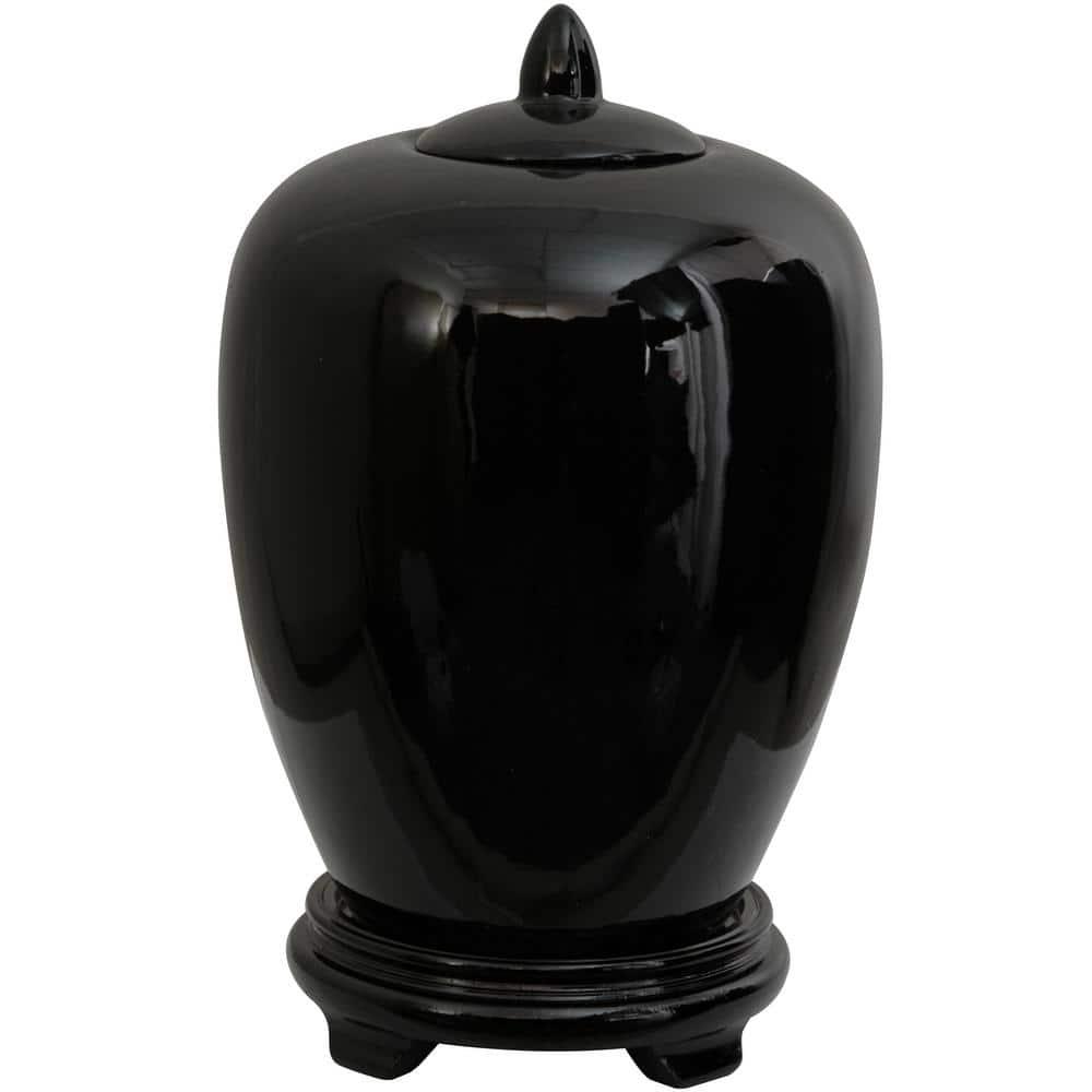 Oriental Furniture 11" Solid Black Porcelain Vase Jar, Black, decorative item, oriental design, living room