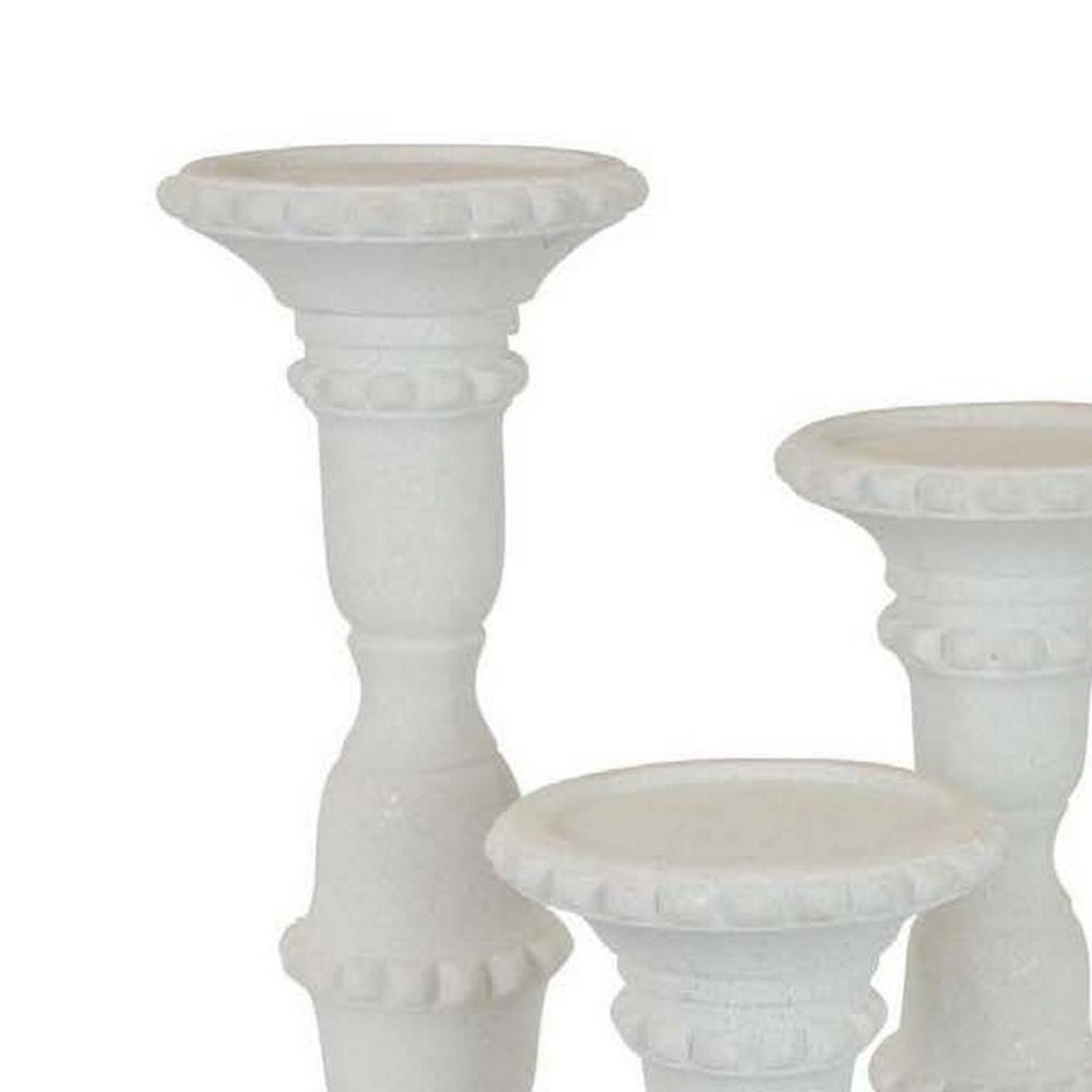 Benjara Accent Candle Holder Set of 3, Tall Pillars, Heavy Base, White Resin