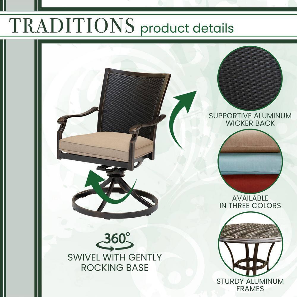 Hanover Traditions 3-Piece Outdoor Furniture Patio Bistro Set, 2 Cushioned Wicker Aluminum Swivel Rocker Chairs and 32" Round Cast Table, Natural Oat