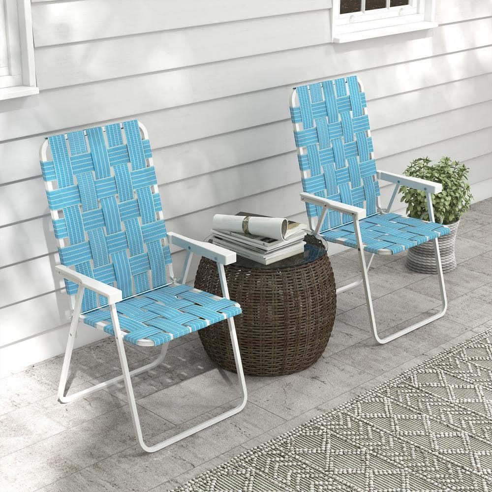 Blue Metal Folding Lawn Chairs with PE Straps and Armrests